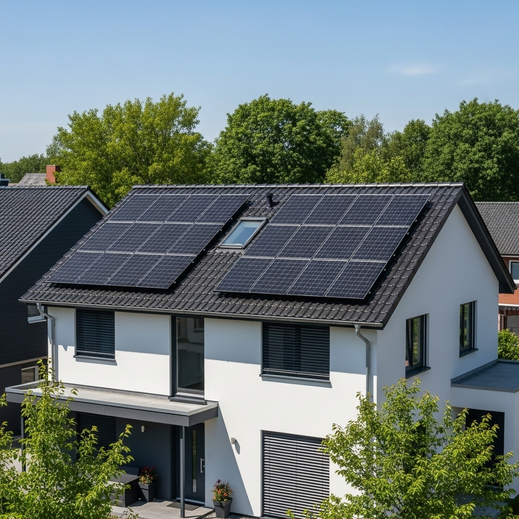 Maison moderne avec panneaux solaires sur le toit
